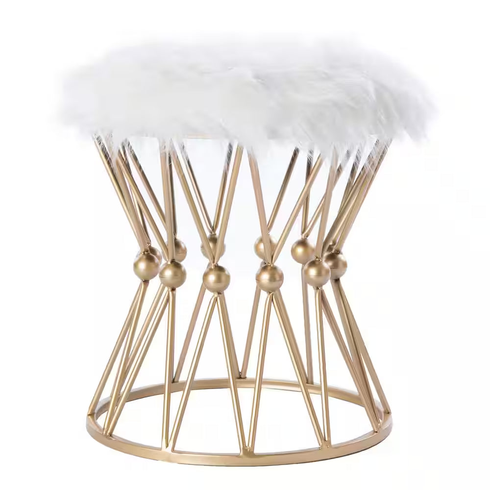 Round Gold Metal Accent Vanity Stool with White Fur Top Seat, Decorative Side Table
