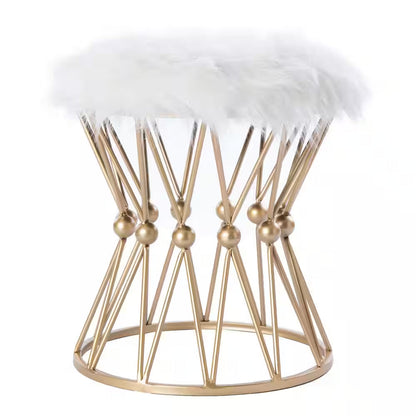 Round Gold Metal Accent Vanity Stool with White Fur Top Seat, Decorative Side Table