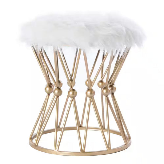 Round Gold Metal Accent Vanity Stool with White Fur Top Seat, Decorative Side Table