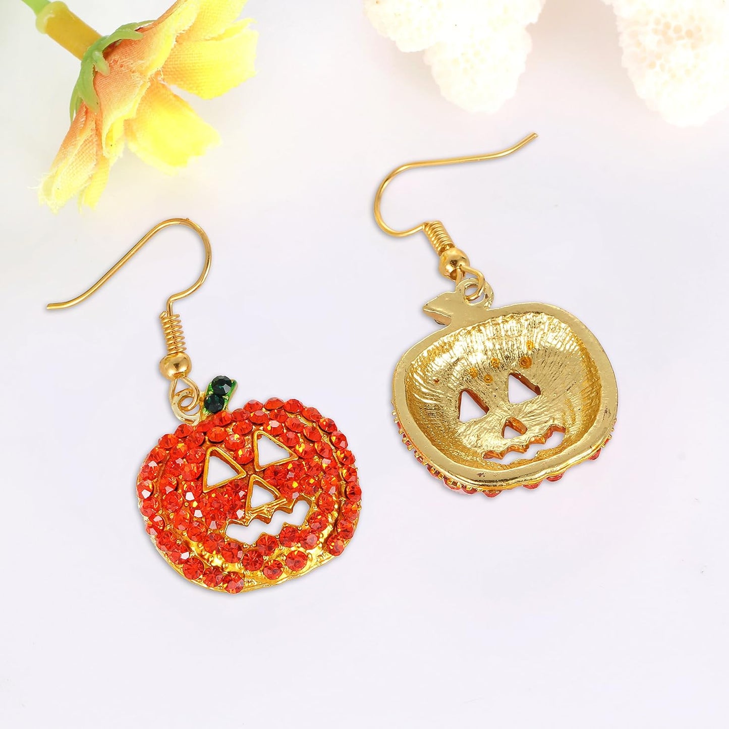 Halloween Pumpkin Earrings Red - Hypoallergenic Crystal Dangle Earring for Women Holiday Night Costume Jewelry Smiling Face Pumpkin Drop Earrings, Fun and Festive