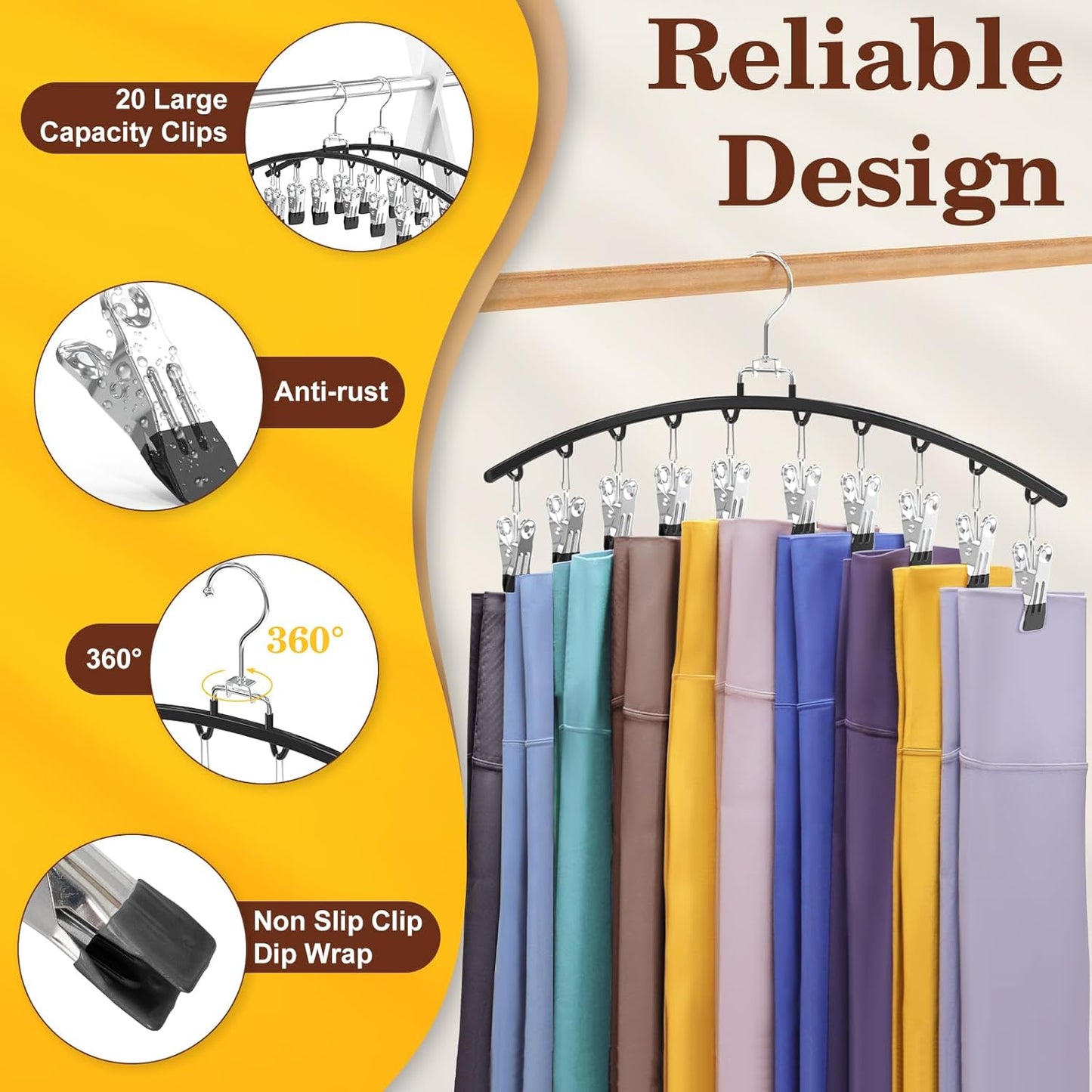 2 Pack Legging Organizer for Closet 360° Swivel, Metal Gym Clothes Organizer W/20 Clips Holds 20 Leggings, Hangers Space Saving, Closet Organizers and Storage, Room Organization Essentials, Black