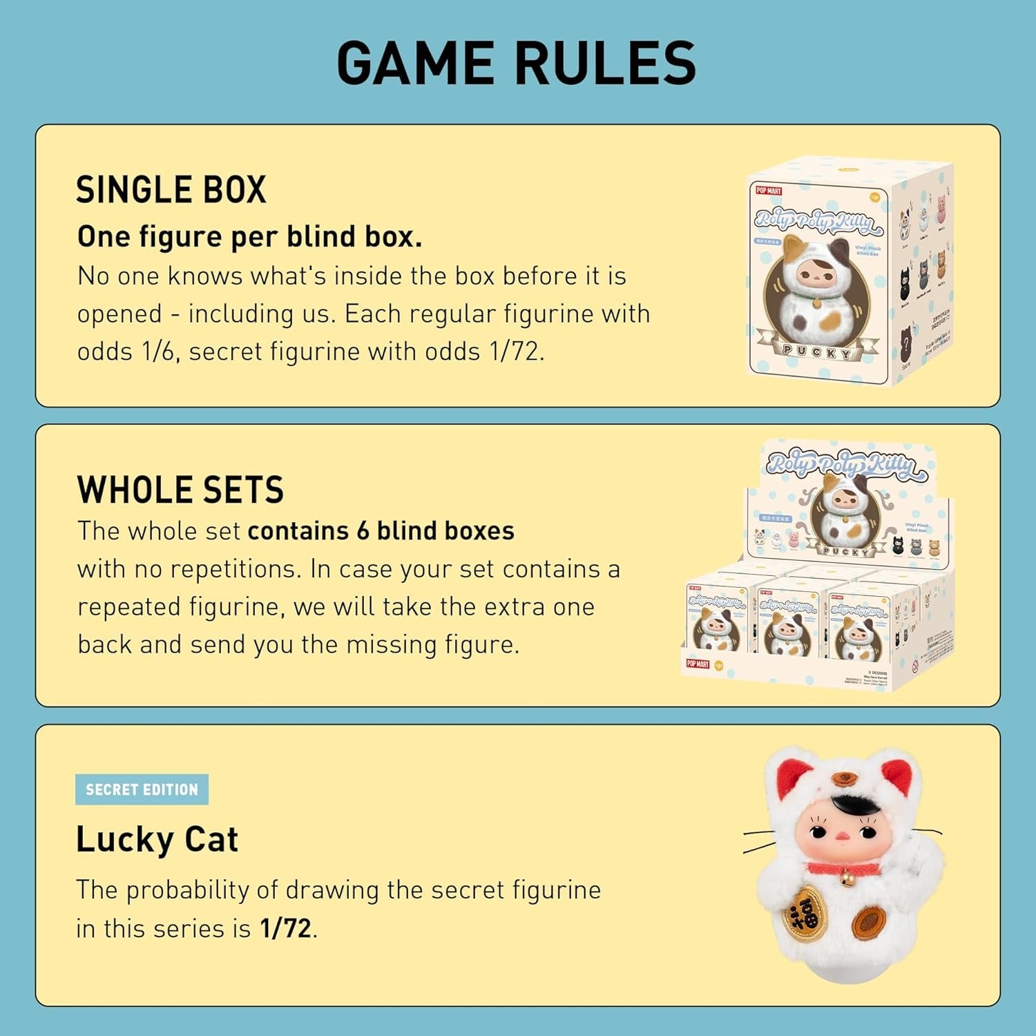 PUCKY Roly-Poly Kitty Series-Vinyl Plush Blind Box, 6Pcs PUCKY Blind Box Figures, Random Design Action Figures Collectible Toys Home Decorations, Holiday Birthday Gifts,Whole Set