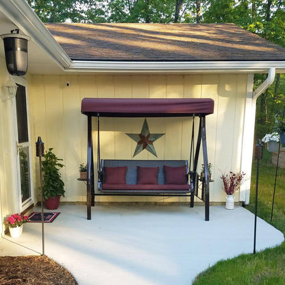 Deluxe Steel Frame Porch Swing with Maroon Cushion, Canopy and Side Tables