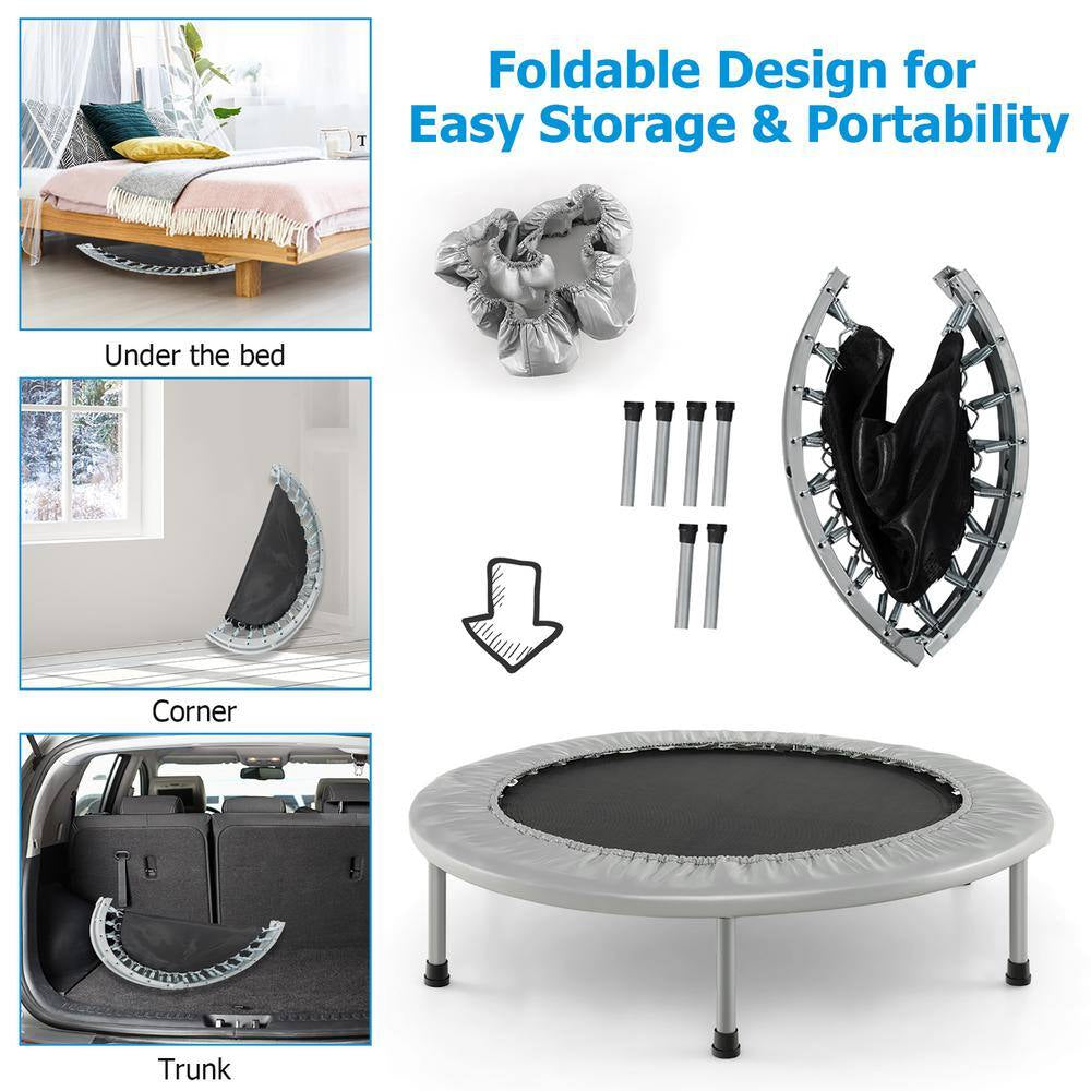 38 In. Folding Mini Trampoline Fitness Rebounder with Safety Pad Silver and Black