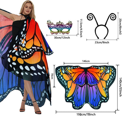 Adult Butterfly Costume Women Monarch Butterfly Wings Cape Shawl Halloween 3Pcs Mask Hairband