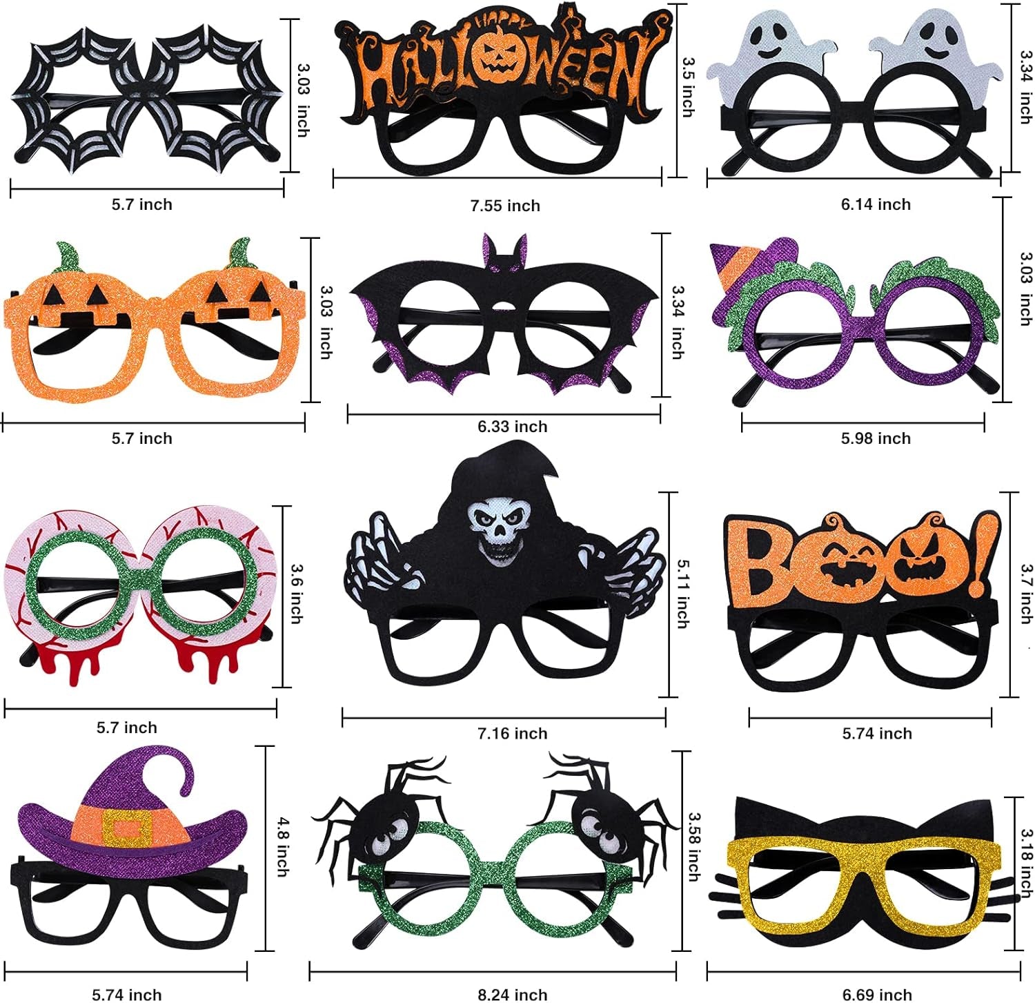 Halloween Eyeglasses 12 Pcs Novelty Toy Glasses Cosplay Halloween Party Favor Funny Glitter Funny Party Decorations for Kids and Adults Glasses Pumpkin Spider Web Ghost Bat Hat Skull Eyeball Eyewear