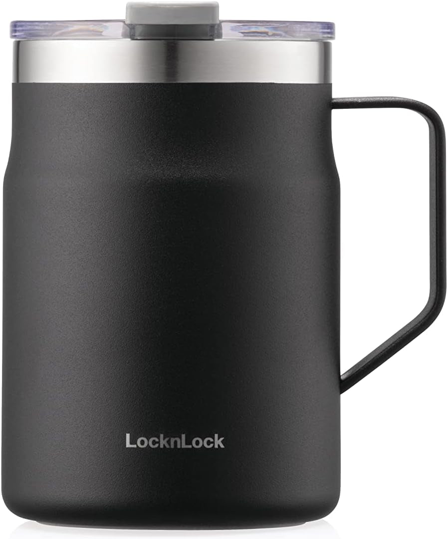 Metro Mug Premium 18/8 Stainless Steel Double Wall Insulated with Handle Perfect for Table with Lid, Black, 16 Oz
