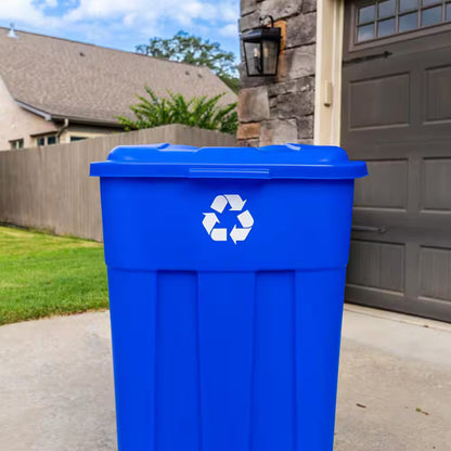 45 Gal. Blue Outdoor Vented Recycling Trash Can with Wheels, Attached Lid, Rounded Handles, and Reinforced Foothold