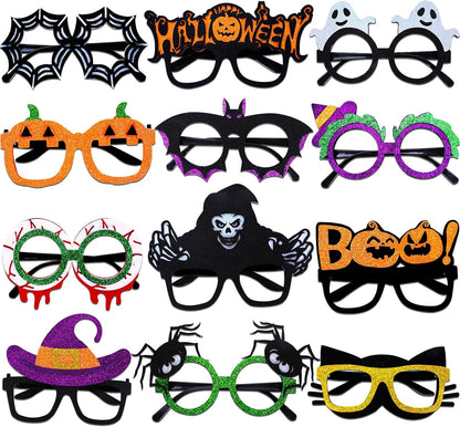 Halloween Eyeglasses 12 Pcs Novelty Toy Glasses Cosplay Halloween Party Favor Funny Glitter Funny Party Decorations for Kids and Adults Glasses Pumpkin Spider Web Ghost Bat Hat Skull Eyeball Eyewear