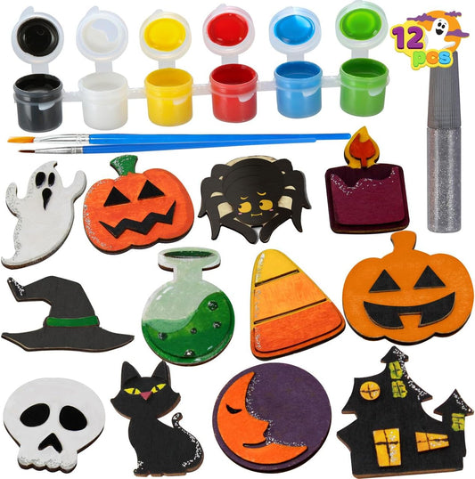 12 Pcs Halloween Wood Craft Kit, Wooden Magnet Creativity Arts Painting Kit, DIY Halloween Painting Craft for Kids Party Supplies, Toddler Party Favors Family School Activities