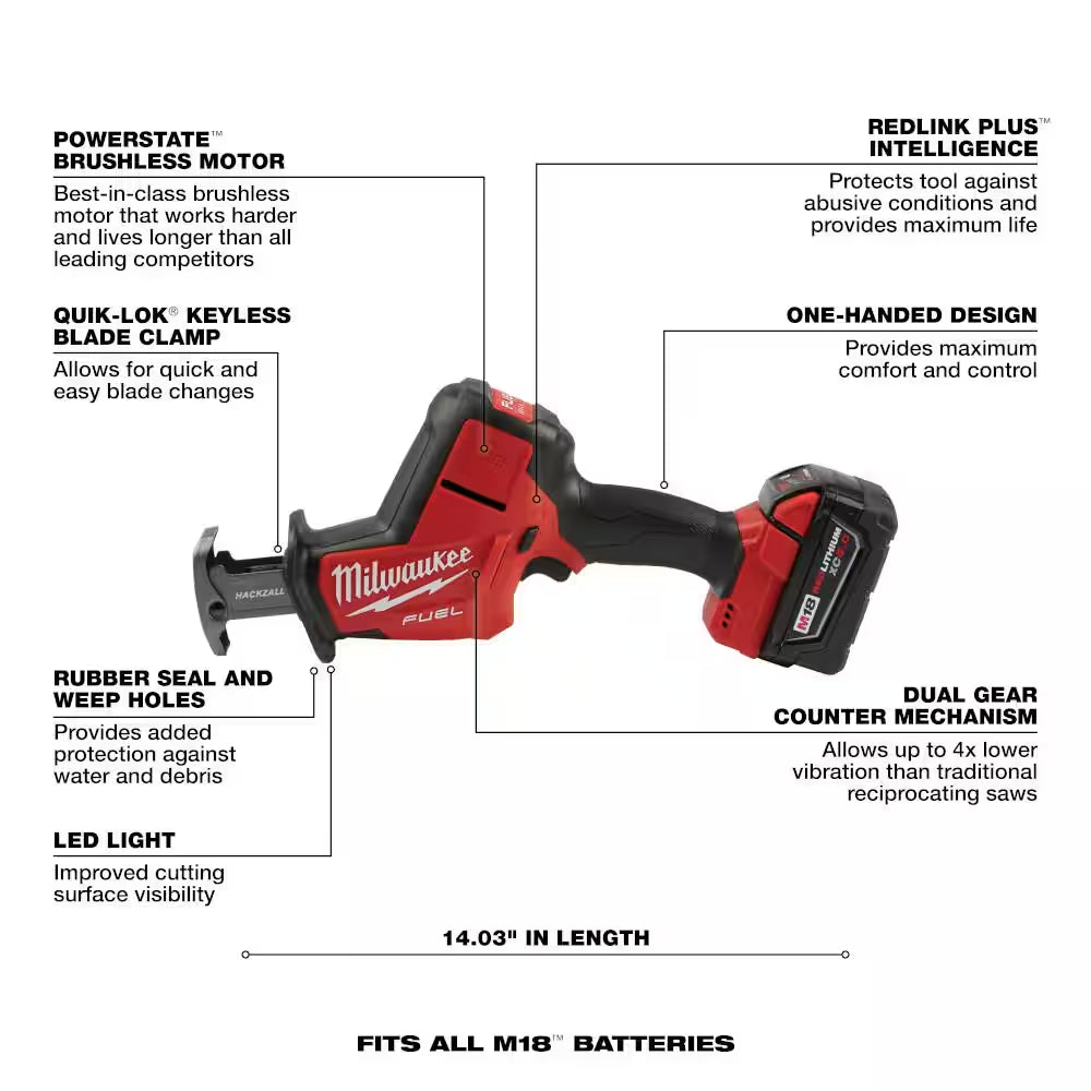 M18 FUEL 18V Lithium-Ion Brushless Cordless HACKZALL Reciprocating Saw Kit with Carbide Teeth AX SAWZALL Blade