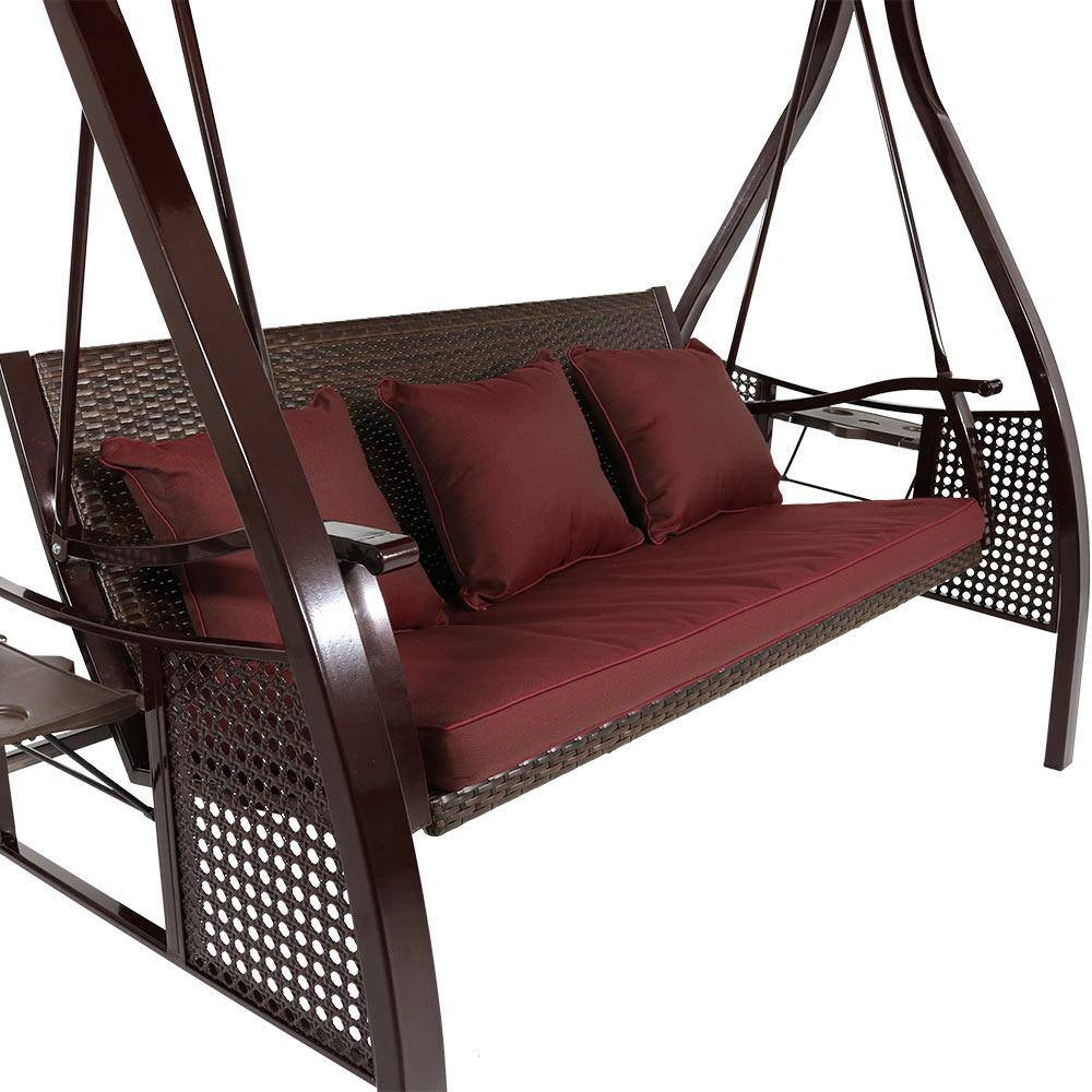 Deluxe Steel Frame Porch Swing with Maroon Cushion, Canopy and Side Tables
