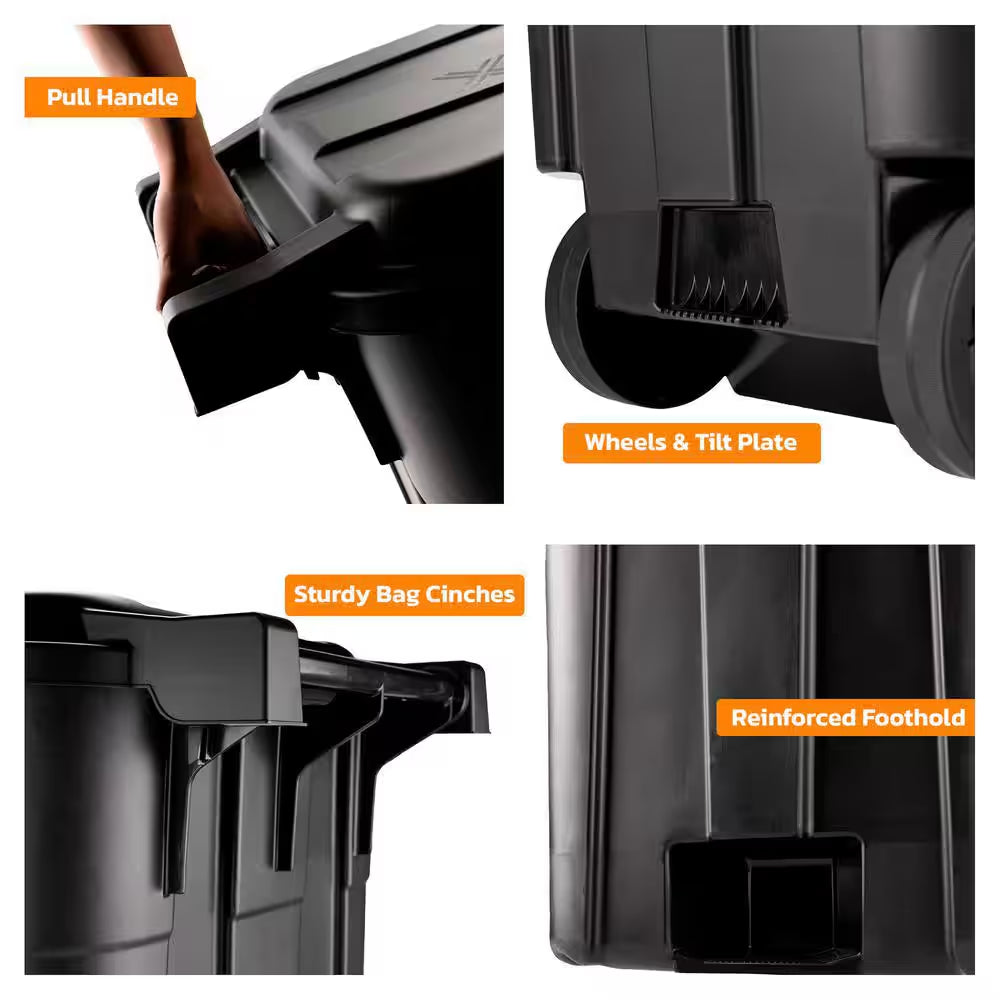 45 Gal. Black Outdoor Vented Trash Can with Wheels, Attached Lid