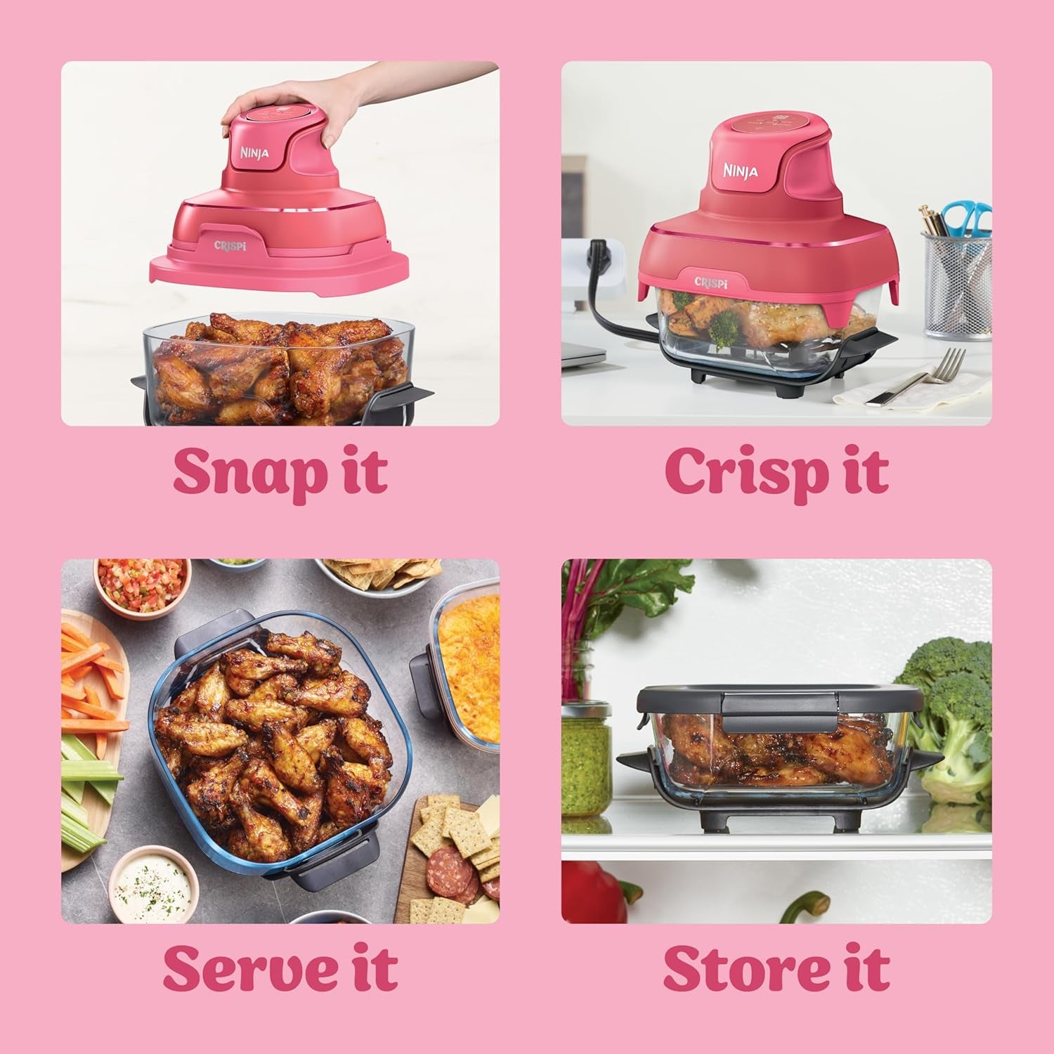 | Air Fryer | Crispi 4-In-1 Portable Cooking System | 4QT & 6 Cup Glass Containers, Crisper Plates & Storage Lids Included | Microwave, Freezer & Dishwasher Safe | Cherry Crush | FN101DR