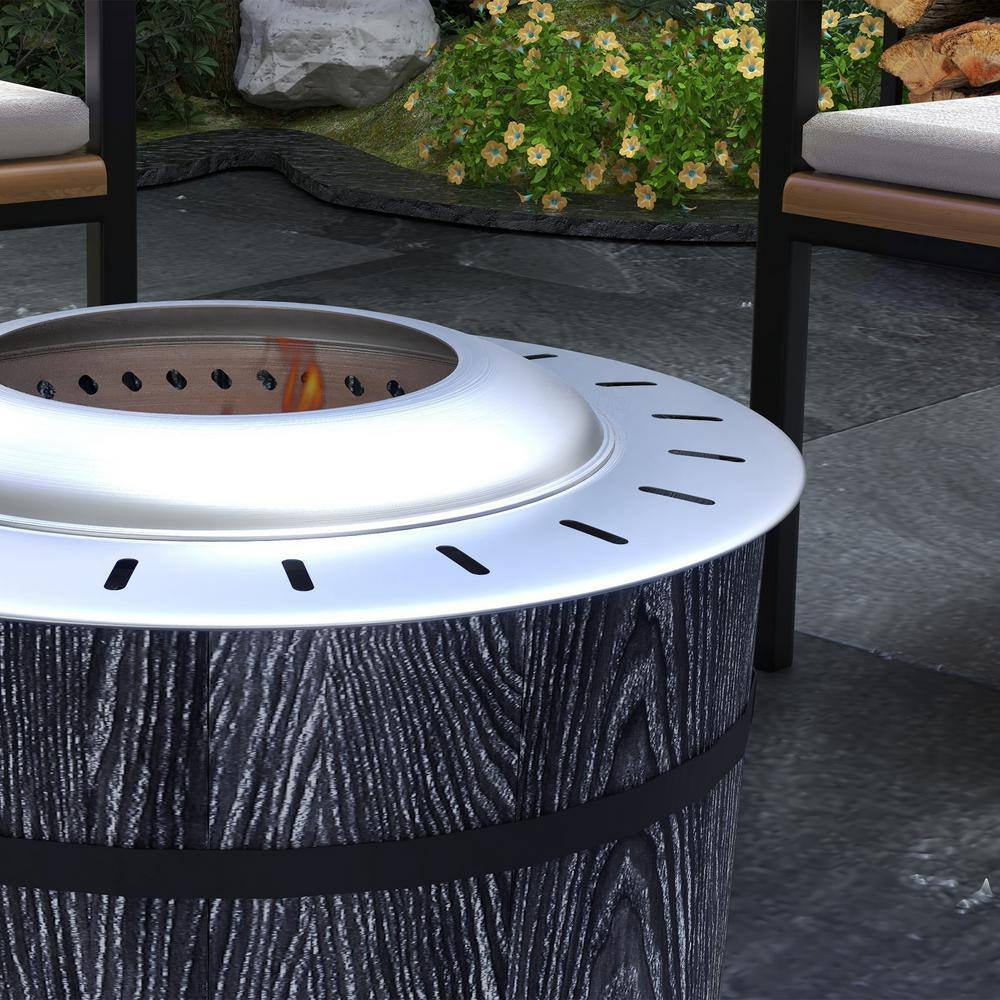 20 In. Barrel Style Smokeless Portable Wood Burning Fire Pit with Fireproof Mat in Black