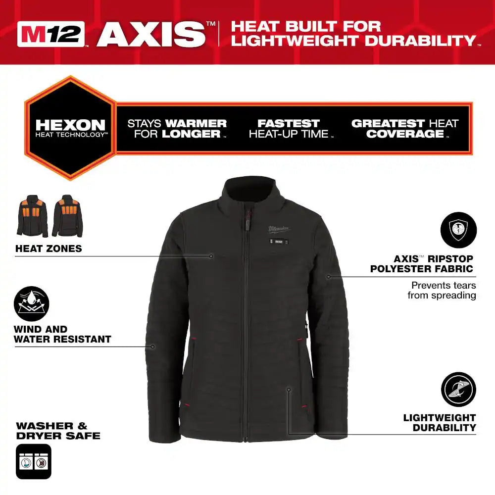 Women'S Large M12 12-Volt Lithium-Ion Cordless AXIS Black Heated Quilted Jacket Kit with (1) 3.0 Ah Battery and Charger
