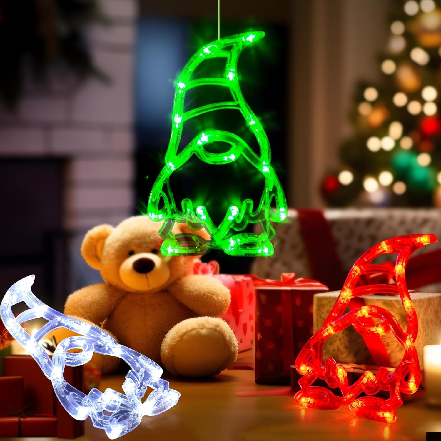 Christmas Window Lights 3 Pack Red White and Green Gnomes Xmas Lights with Suction Cups 2024 Upgrade Timer Function and Slowly Fade Mode Battery Operated Indoor Decors Christmas Decorations