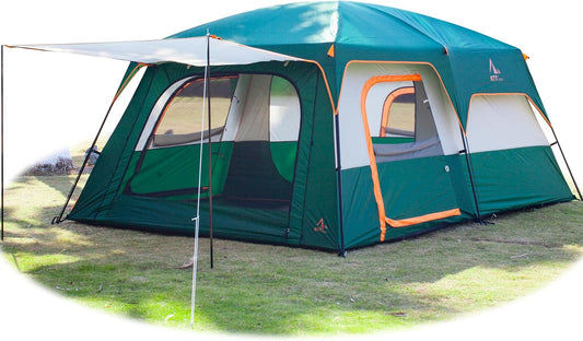 Extra Large Tent 10-12-14 Person(A),Family Cabin Tents,2 Rooms,3 Doors and 3 Windows with Mesh,Straight Wall,Waterproof,Double Layer,Big Tent for Outdoor,Picnic,Camping,Family Gathering
