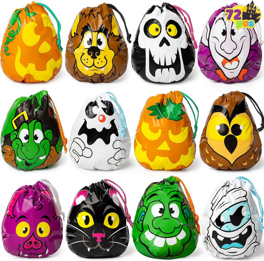 72PCS Halloween Drawstring Goody Bags, Halloween Treats Bags, Trick or Treat Bag, Goodie Candy Gift Bag Bulk for Kids Trick or Treating, Party Favors Supplies, 12 Designs Classroom Gifts Prizes