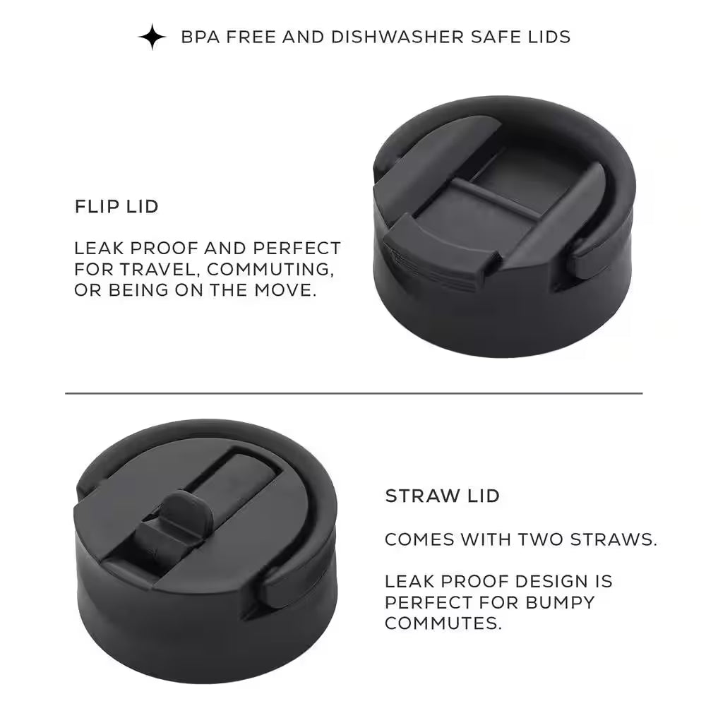 22 Oz. Black Vacuum Insulated Stainless Steel Water Bottle with Flip Lid and Sport Straw Lid