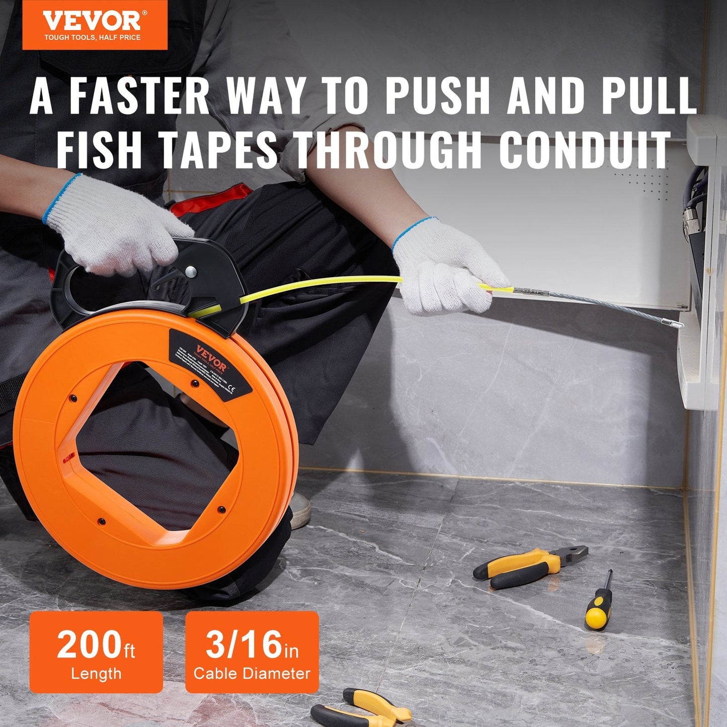 Fish Tape Wire Cable Line Puller – 200FT x 3/16IN Fiberglass