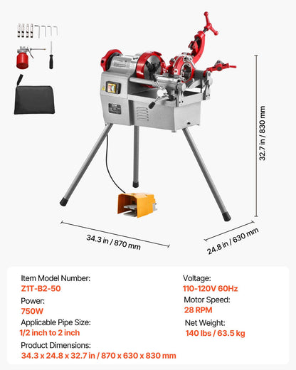 Electric Pipe Threader Machine – 750W, 28RPM – For 1/2" to 2" Pipes