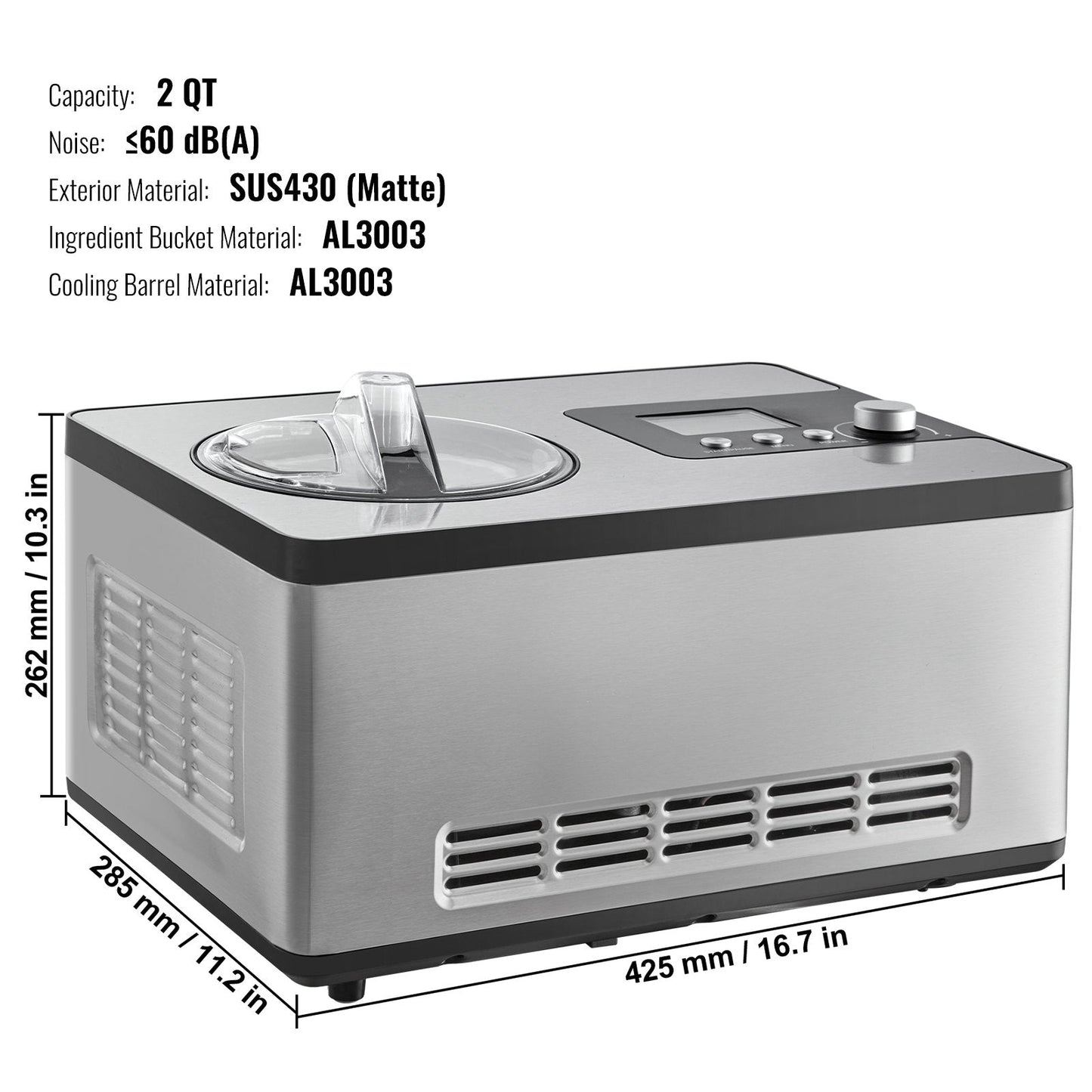 VEVOR Automatic Ice Cream Maker with Built-In Compressor – 2 Qt No Pre-Freeze Fruit & Yogurt Machine, Stainless Steel Electric Sorbet & Gelato Maker (3 Modes, LCD Display & Timer, Silver)