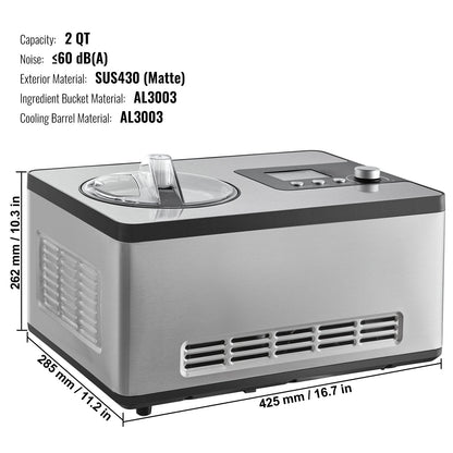 VEVOR Automatic Ice Cream Maker with Built-In Compressor – 2 Qt No Pre-Freeze Fruit & Yogurt Machine, Stainless Steel Electric Sorbet & Gelato Maker (3 Modes, LCD Display & Timer, Silver)