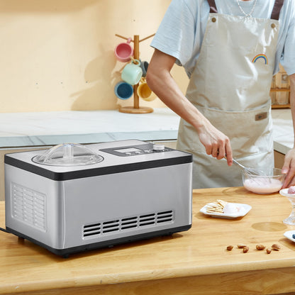 VEVOR Automatic Ice Cream Maker with Built-In Compressor – 2 Qt No Pre-Freeze Fruit & Yogurt Machine, Stainless Steel Electric Sorbet & Gelato Maker (3 Modes, LCD Display & Timer, Silver)