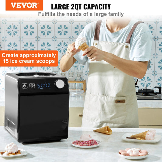 VEVOR Upright Automatic Ice Cream Maker with Built-In Compressor – 2 Qt No Pre-Freeze Fruit & Yogurt Machine, Stainless Steel Electric Sorbet & Gelato Maker (4 Modes, Digital Display & Timer)