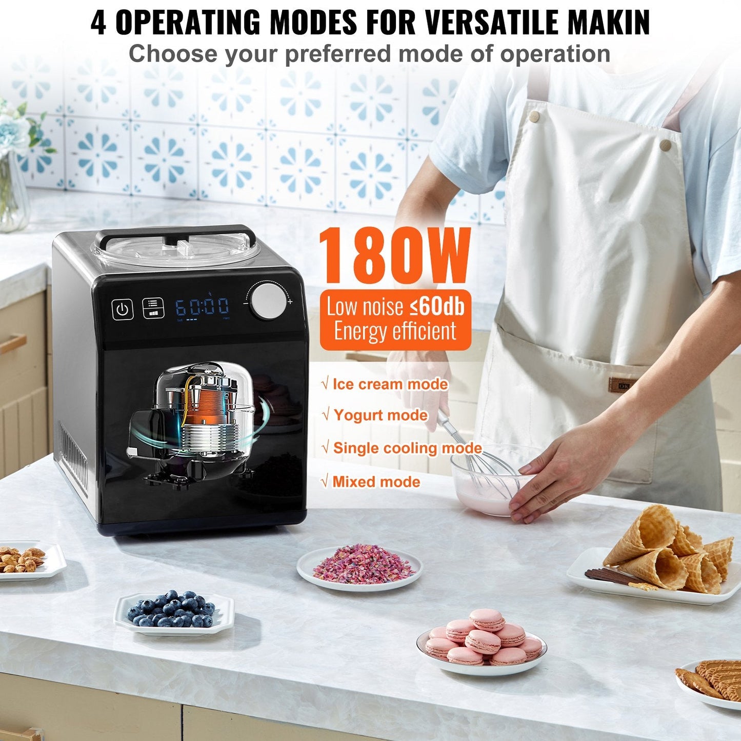 VEVOR Upright Automatic Ice Cream Maker with Built-In Compressor – 2 Qt No Pre-Freeze Fruit & Yogurt Machine, Stainless Steel Electric Sorbet & Gelato Maker (4 Modes, Digital Display & Timer)