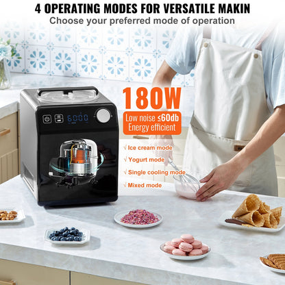 VEVOR Upright Automatic Ice Cream Maker with Built-In Compressor – 2 Qt No Pre-Freeze Fruit & Yogurt Machine, Stainless Steel Electric Sorbet & Gelato Maker (4 Modes, Digital Display & Timer)
