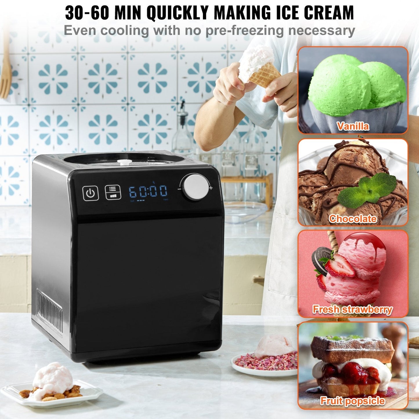 VEVOR Upright Automatic Ice Cream Maker with Built-In Compressor – 2 Qt No Pre-Freeze Fruit & Yogurt Machine, Stainless Steel Electric Sorbet & Gelato Maker (4 Modes, Digital Display & Timer)