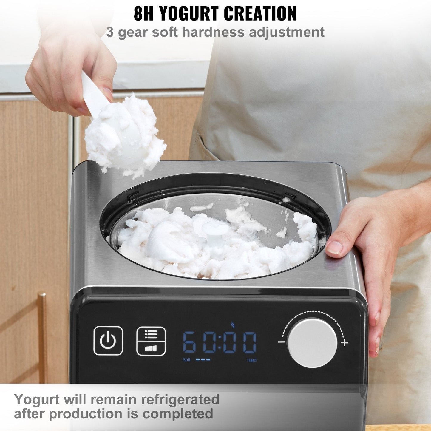 VEVOR Upright Automatic Ice Cream Maker with Built-In Compressor – 2 Qt No Pre-Freeze Fruit & Yogurt Machine, Stainless Steel Electric Sorbet & Gelato Maker (4 Modes, Digital Display & Timer)