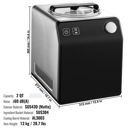VEVOR Upright Automatic Ice Cream Maker with Built-In Compressor – 2 Qt No Pre-Freeze Fruit & Yogurt Machine, Stainless Steel Electric Sorbet & Gelato Maker (4 Modes, Digital Display & Timer)