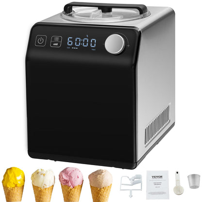 VEVOR Upright Automatic Ice Cream Maker with Built-In Compressor – 2 Qt No Pre-Freeze Fruit & Yogurt Machine, Stainless Steel Electric Sorbet & Gelato Maker (4 Modes, Digital Display & Timer)